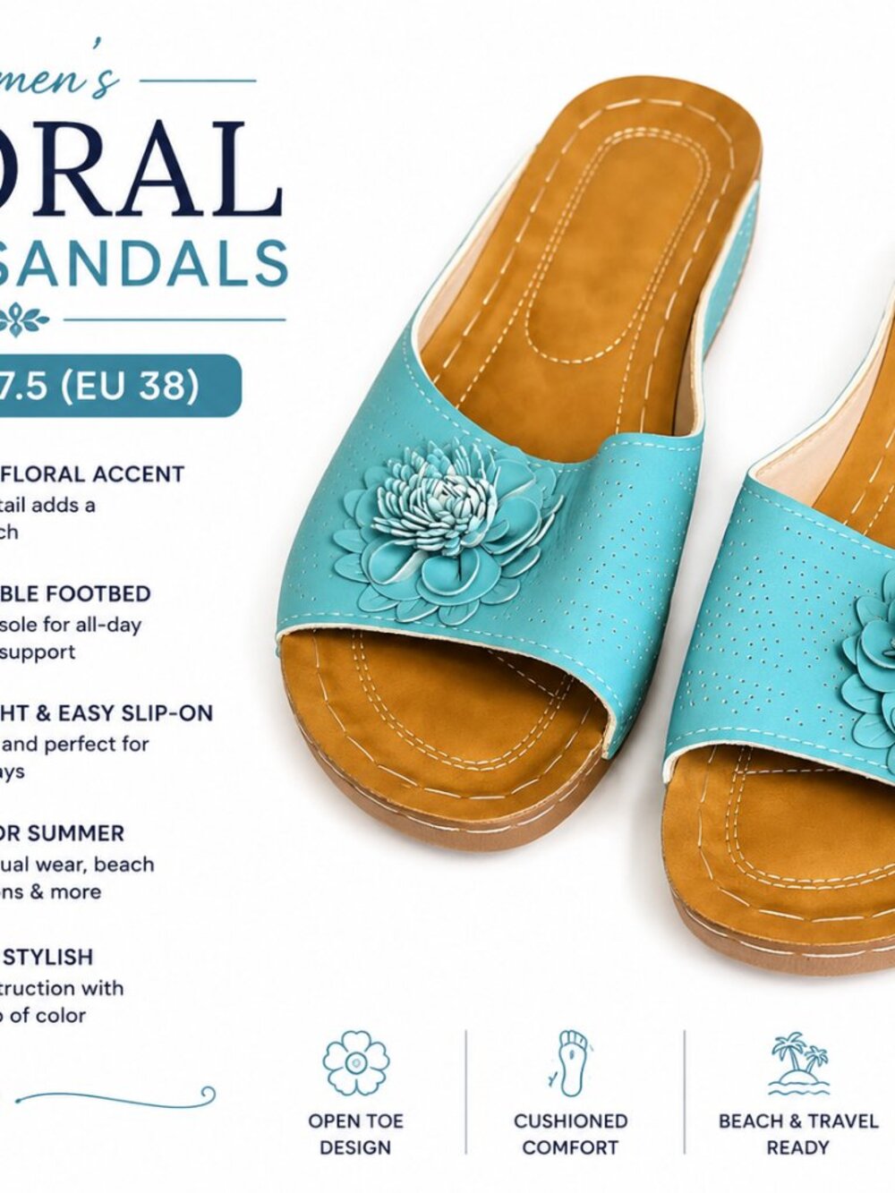 Women's Floral Slide Sandals Turquoise Blue Open Toe Comfort Sandals US 7.5